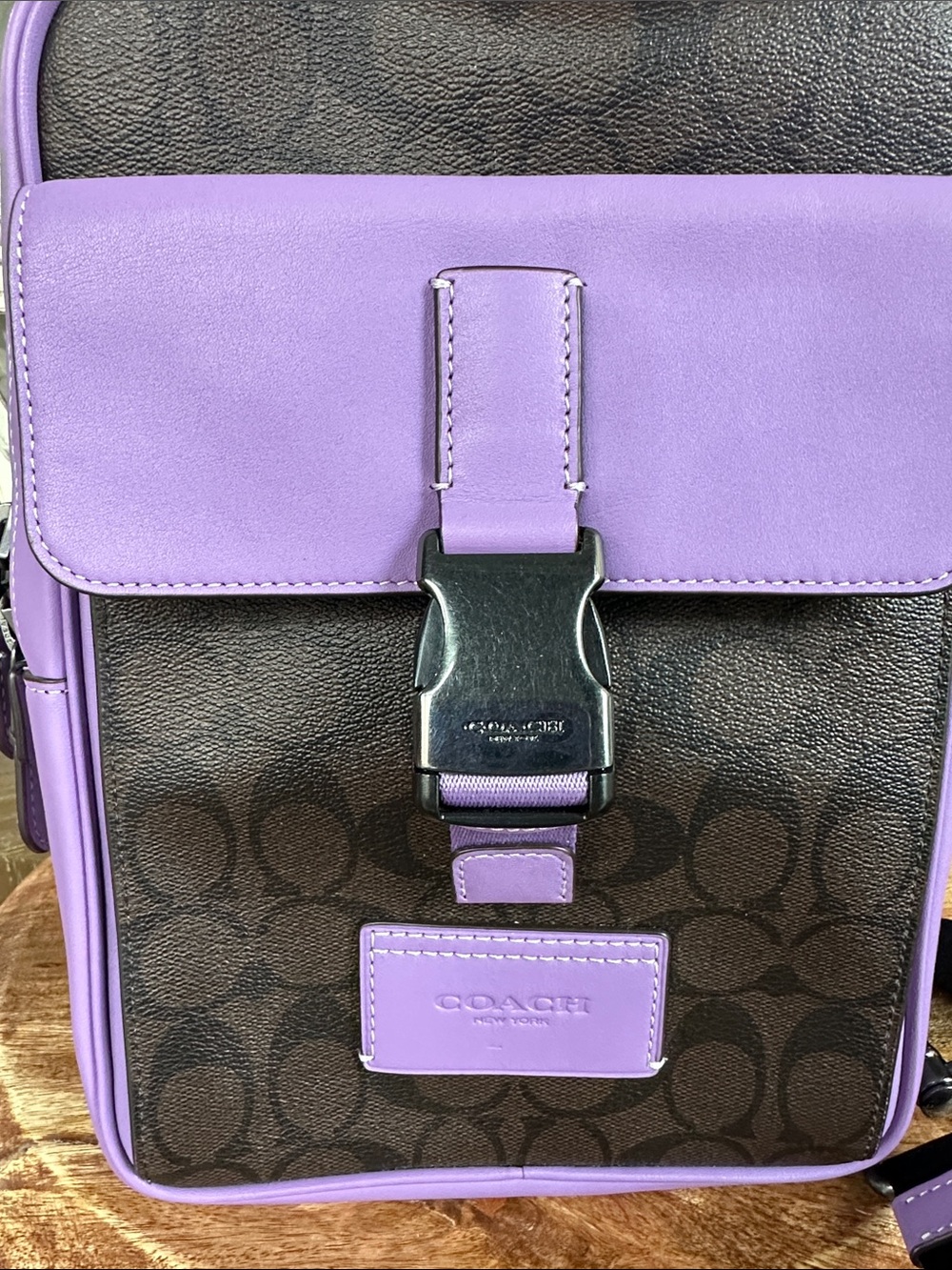 Coach Brown Signature Canvas Messenger Bag with Purple Trim - Picture 4 of 13
